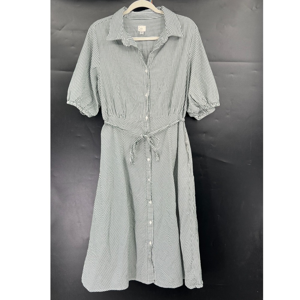 A New Day green white striped button front shirt dress preppy Hamptons Casual L